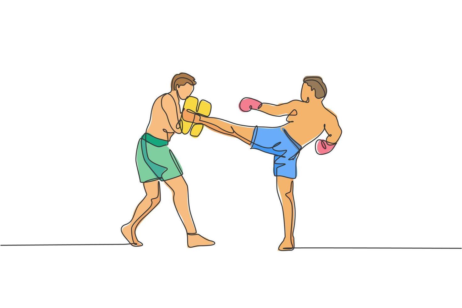 einzelne durchgehende Linienzeichnung der Kickboxer-Übung junger sportlicher Männer mit persönlichem Trainer in der Sporthalle. Kampfwettbewerb Kickboxen Sportkonzept. trendige einzeilige zeichnen design-vektorillustration vektor