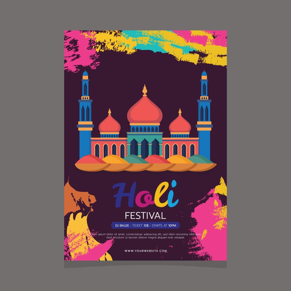 en affisch för holi festival med en moské i de bakgrund. vektor