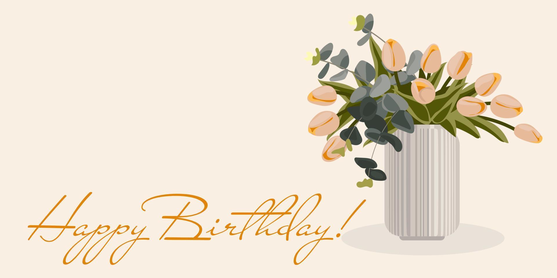 ein Strauß von Tulpen im ein Vase zum ein Geburtstag. das Tulpen sind Rosa mit ein Inschrift. eben Design. handgemalt modisch Vektor Gruß Karte. zart Blumen. Postkarte Drucken