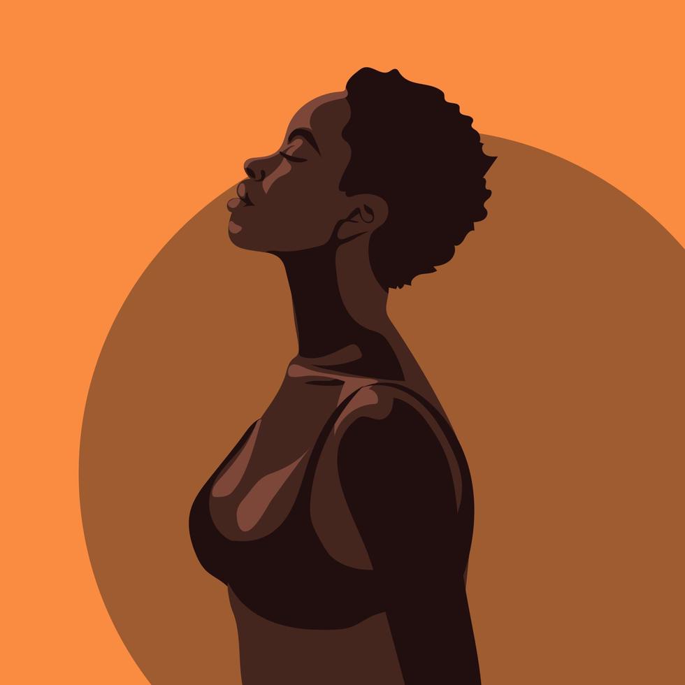 modern sportig afrikansk kvinna i profil med ett öppen kropp. en lockigt hår afrikan-amerikan kvinna utseende bort på ett orange bakgrund. vektor illustration av en skön stark kvinna.