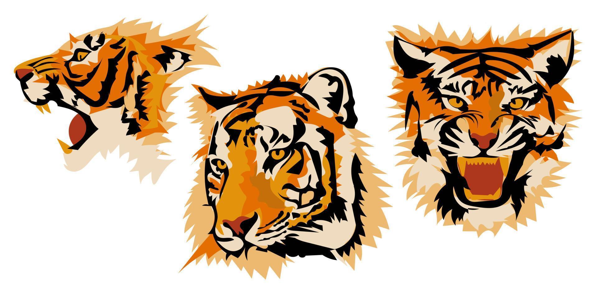 uppsättning i annorlunda vinklar av de tigers huvud, vektor bild isolerat på en vit bakgrund. abstrakt illustration, förenklad fläckar i skikten. lämplig för utskrift på baner och flygblad
