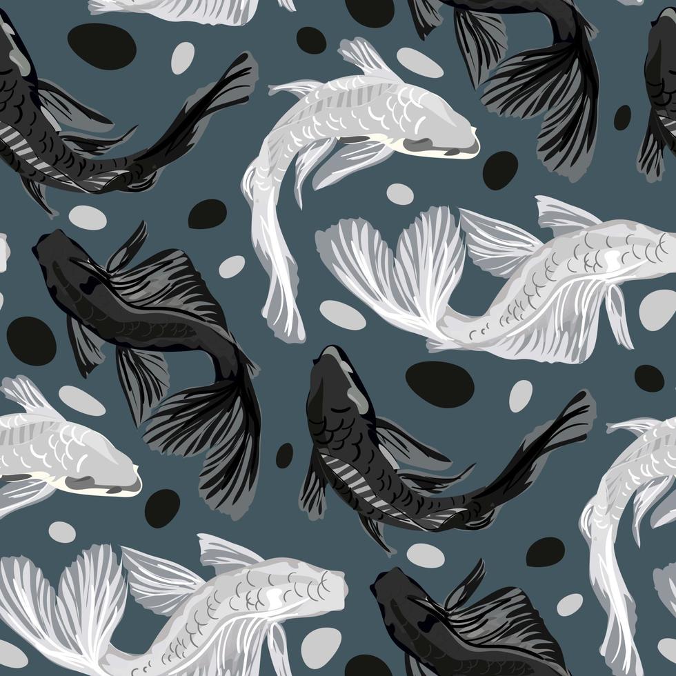 ein Muster von Weiß und schwarz Koi Fisch auf ein Blau Hintergrund mit Blasen. asiatisch Hintergrund, Hintergrund Design mit abstrakt Muster im orientalisch japanisch Stil mit Koi Fisch. Karpfen schwimmen im das Wasser. vektor