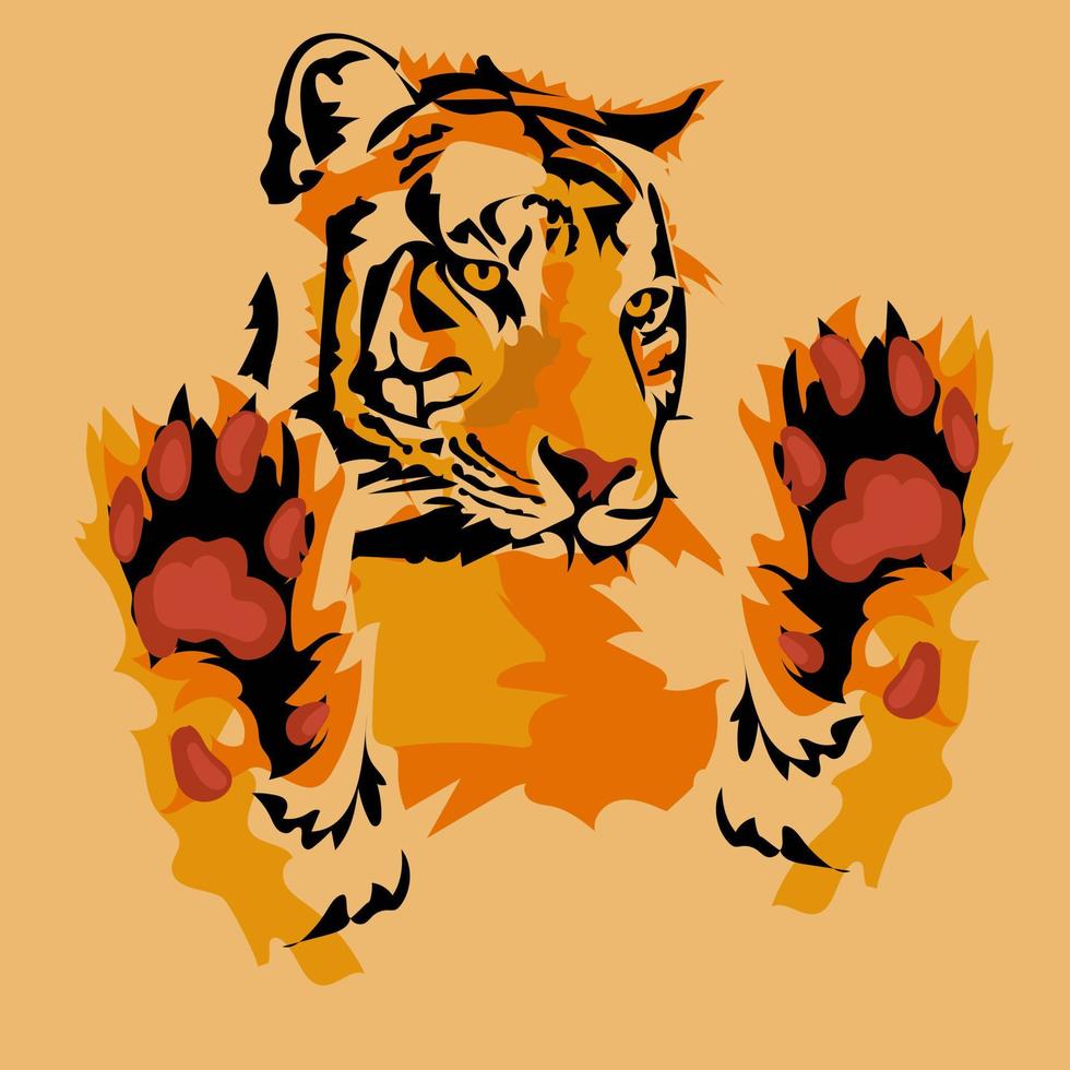 Vektor Illustration im realistisch stilisiert Stil von ein wild Tiger mit Pfoten, auf ein Beige Hintergrund. Schatten von orange. süß Tiger hinter das Glas. Zirkusse ohne Tiere. Löwe mit angehoben Pfoten