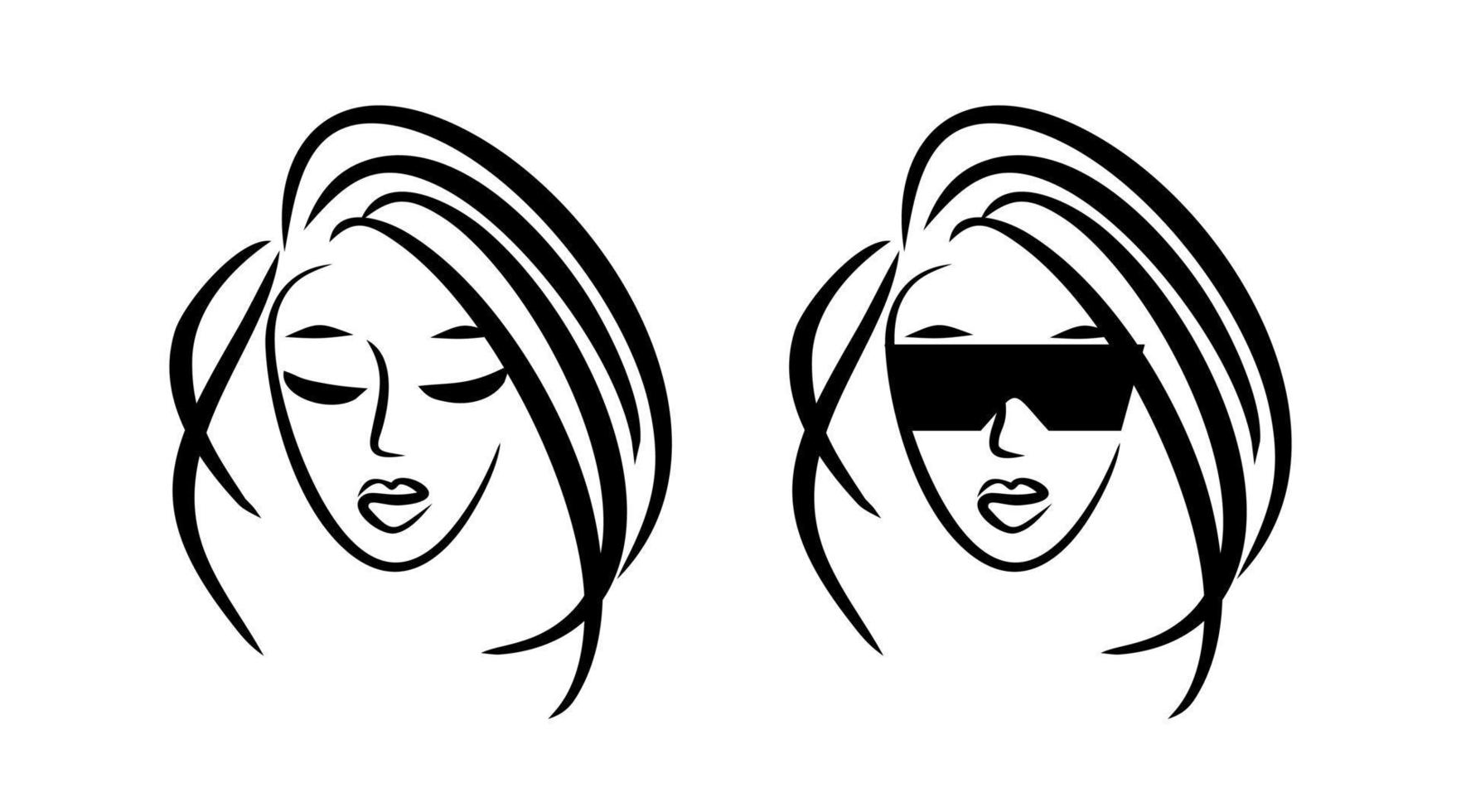 solglasögon. skönhet salong logotyp. lady ansikte ikon. frisyr skiss. barberare kvinna emblem. vektor