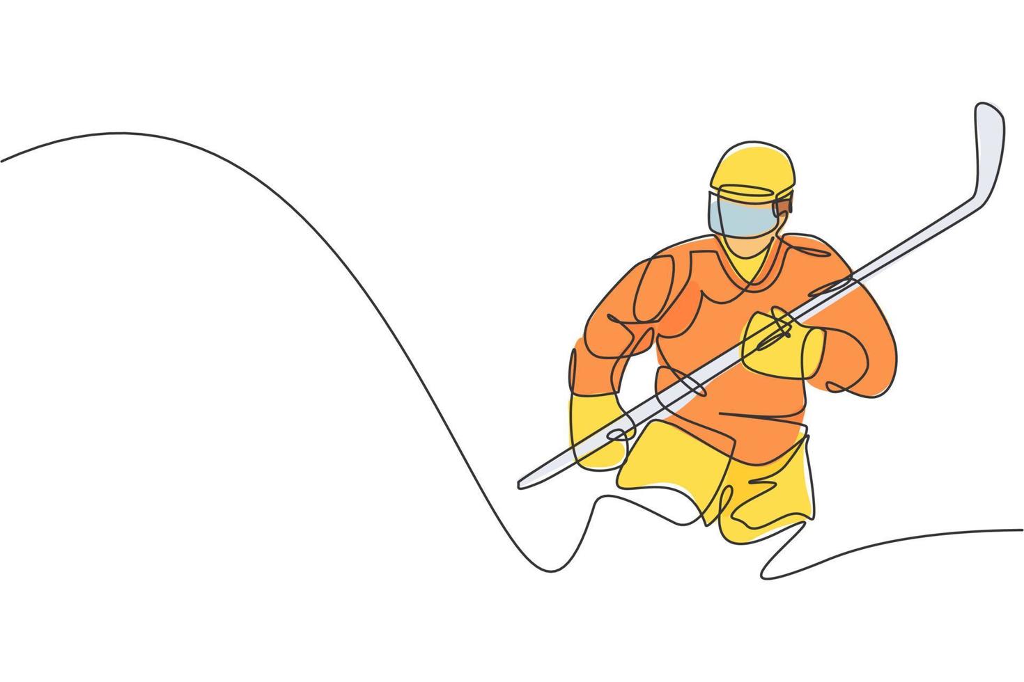 einzelne durchgehende Linienzeichnung eines jungen professionellen Eishockeyspielers, der stilvoll auf der Eisbahn-Arena posiert. extremes wintersportkonzept. trendige grafikdesign-vektorillustration mit einer linie zeichnen vektor