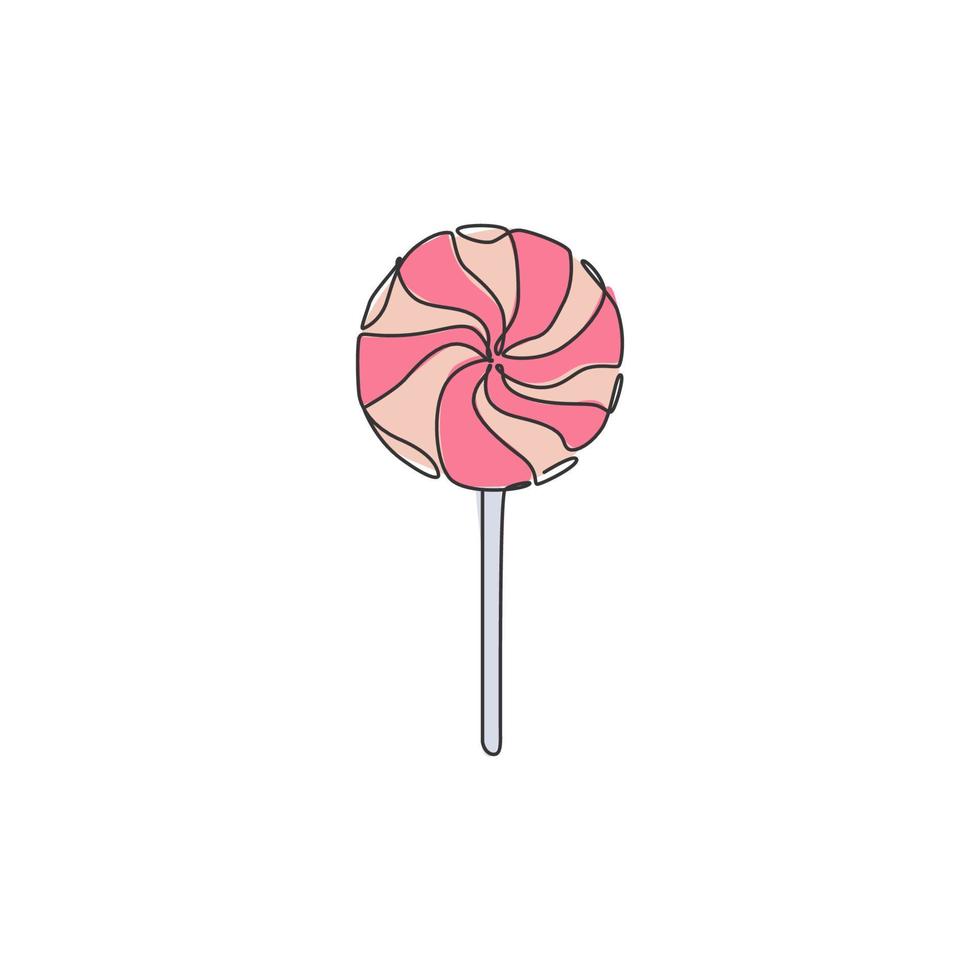eine durchgehende Strichzeichnung des süßen, köstlichen, wirbelnden Online-Lollipop-Süßwarenladen-Logo-Emblems. sortiertes Konditorei-Logo-Vorlagenkonzept. moderne einzeilige zeichnen-design-vektorillustration vektor