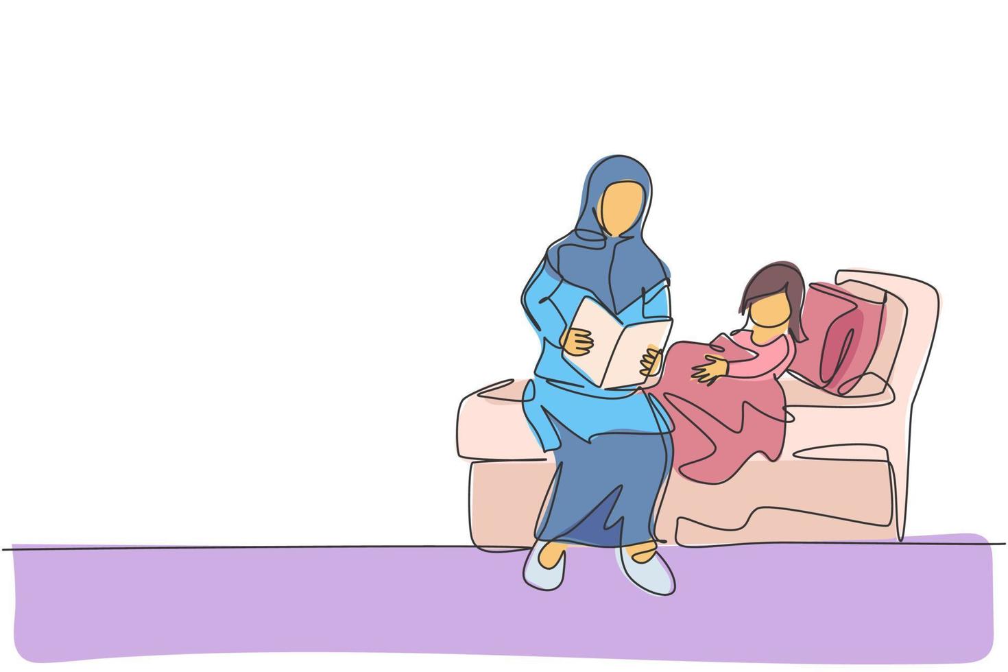 en enda radritning av ung islamisk mamma läste historia bok för godnat för sin dotter innan sömn vektor illustration. glad arabisk muslimsk familj föräldraskap koncept. modern kontinuerlig linje rita design