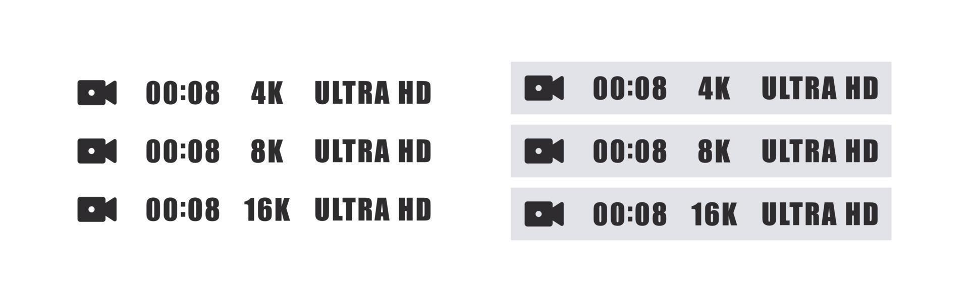 Video Auflösung Symbole Satz. Ultra hd Symbole. 4k Ultra hd, 8 Tausend 16k Bildschirm Auflösung Abzeichen. Vektor Illustration