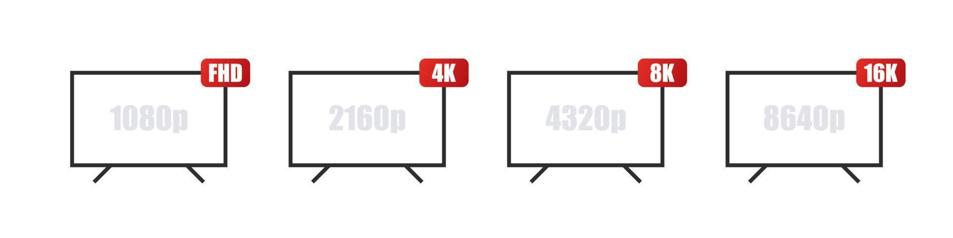 Fernseher Auflösung Symbole Satz. Video Bild Größe. voll hd, 4k Ultra hd, 8 Tausend 16k Bildschirm Auflösung Abzeichen. Vektor Illustration