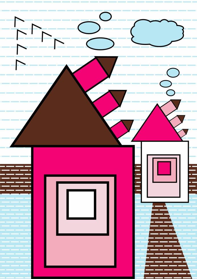 verrückt abstrakt zwei Häuser. Abstraktion Kunst. hell Farben. Postkarte. Rosa, Licht Blau, braun, Weiß Farben. gemütlich Häuser. verzerrt Gebäude. vektor
