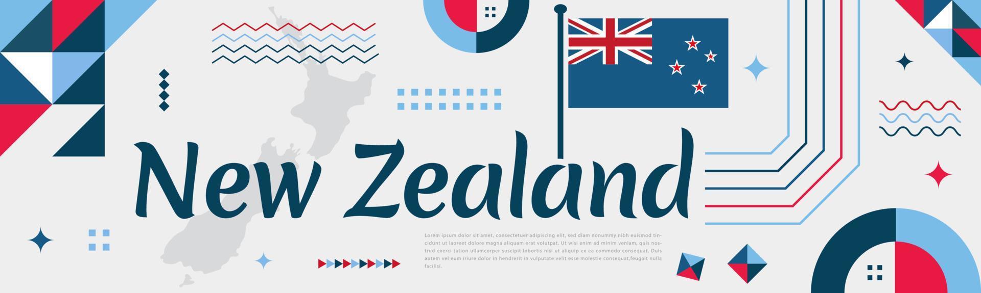 Neu Neuseeland Tag Banner mit Karte und Flagge, Flagge Farbe Thema Hintergrund und abstrakt geometrisch Design im rot und Blau Farben. Neu Neuseeland Unabhängigkeit Tag Thema. Weiß Hintergrund Vektor Illustration