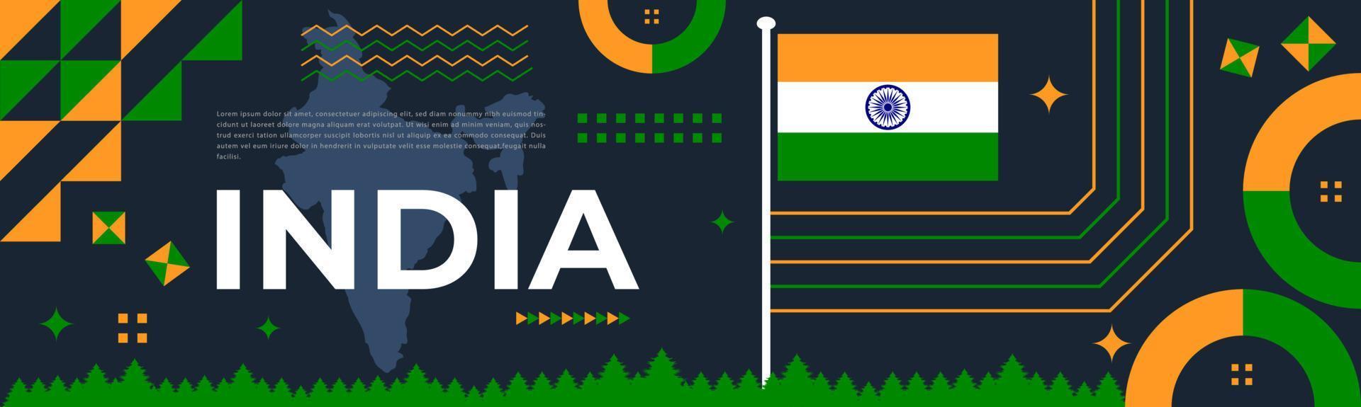 Indien National Tag Banner mit Karte, Flagge Farben Thema Hintergrund und geometrisch abstrakt retro Grün Weiß Orange Grün Design. indisch Unabhängigkeit Tag Thema. dunkel Hintergrund Vektor Illustration