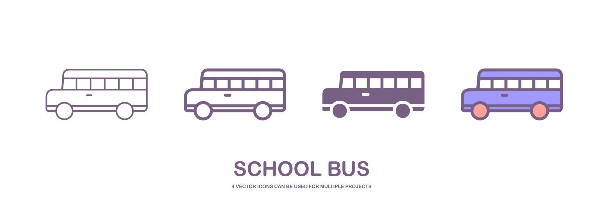 vier anders Stile von Schule Bus Vektor Symbole Das können Sein benutzt zum viele Projekte, mögen Netz Design, App usw. welche ist isoliert auf ein Weiß Hintergrund.