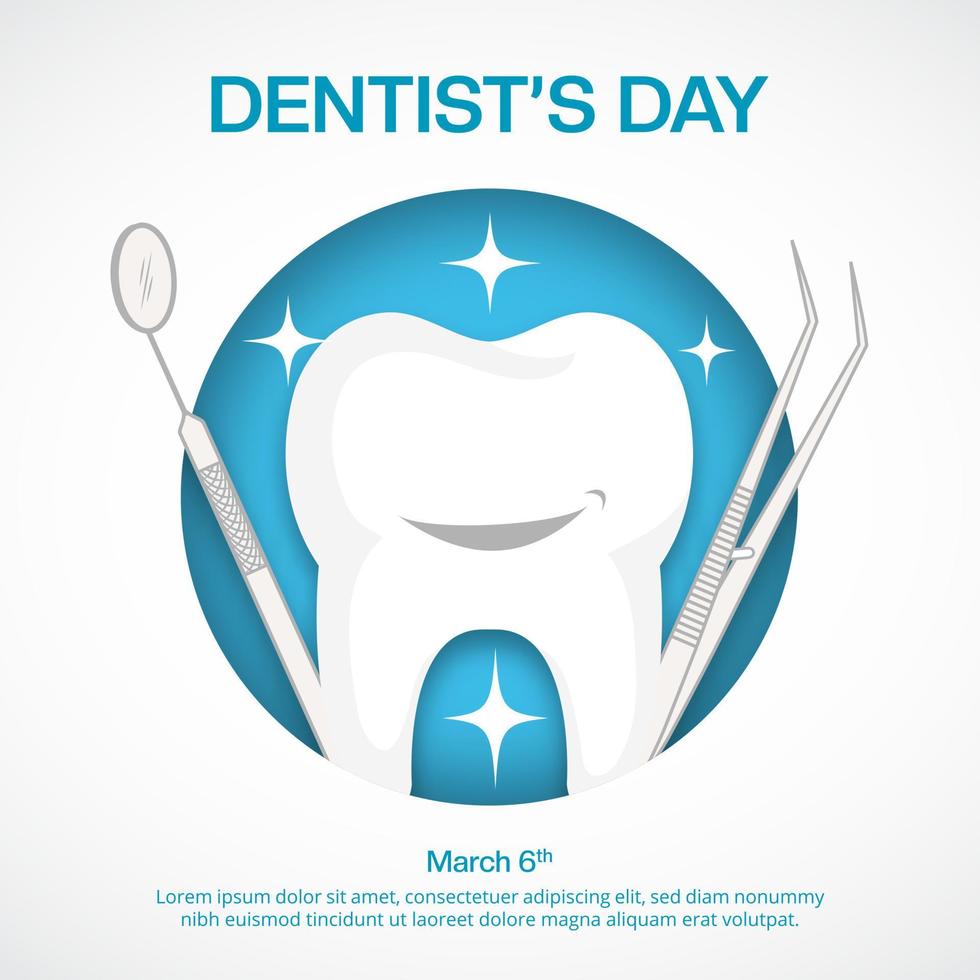 värld tandläkarens dag bakgrund med en tand och tandläkare verktyg vektor
