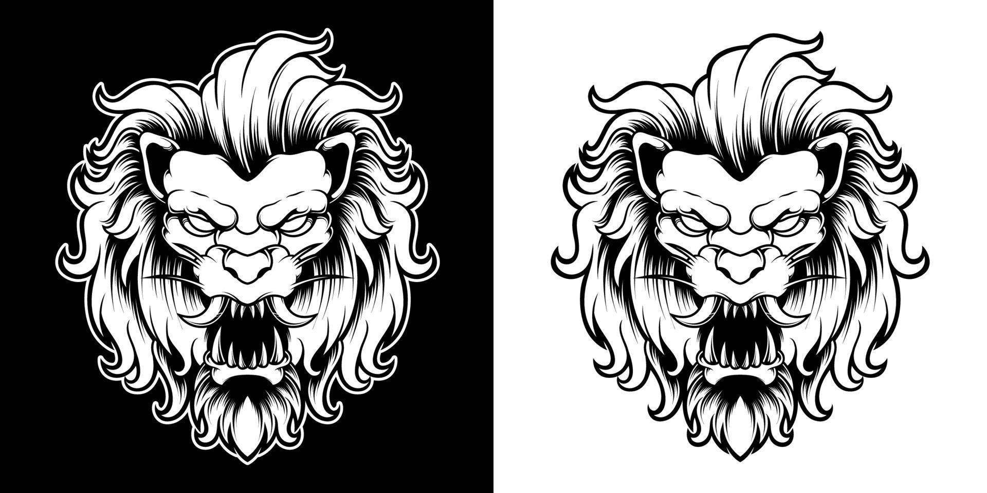 svart och vitt lejonhuvud logotyp illustration vektor