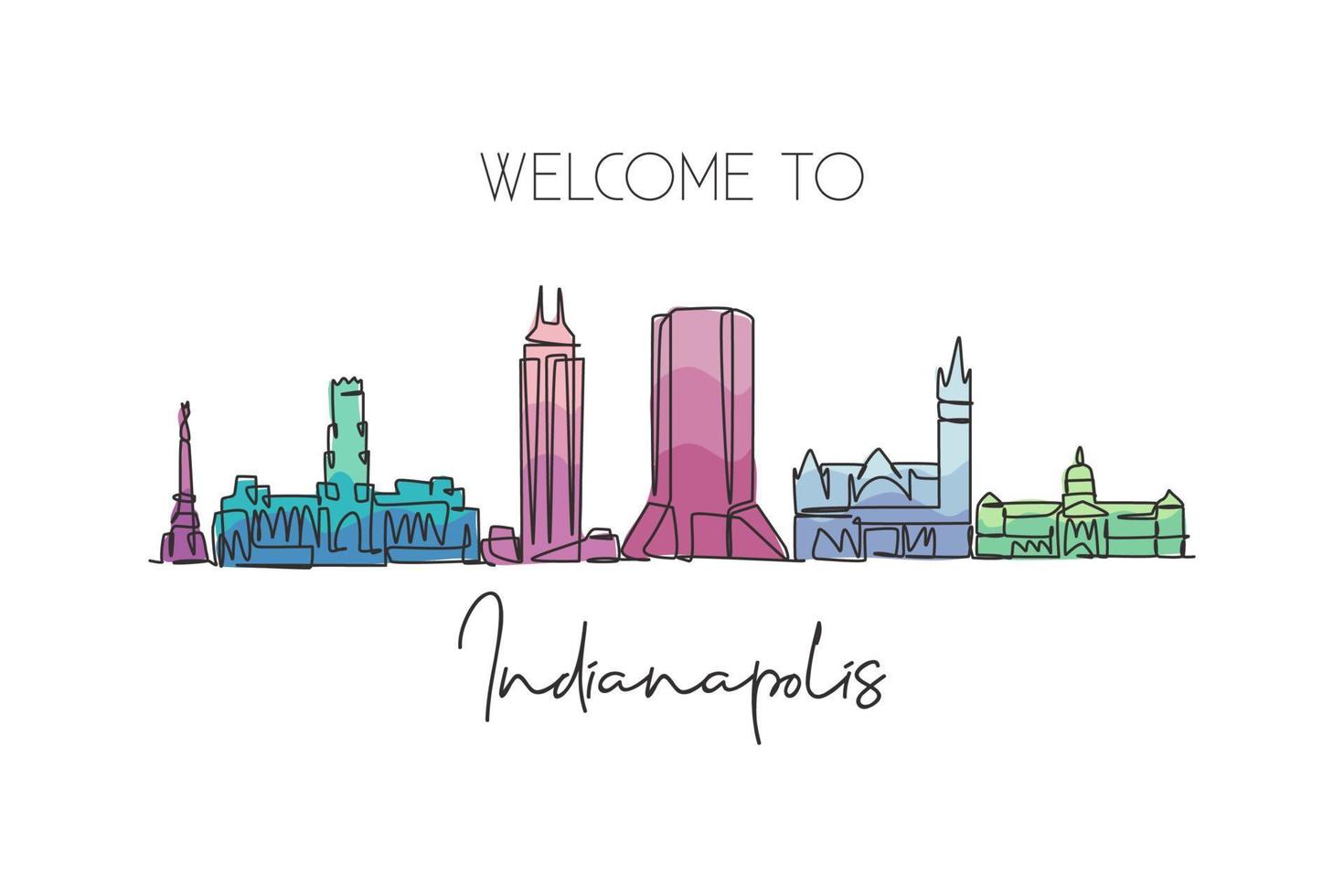 eine durchgehende Linienzeichnung der Skyline von Indianapolis, Vereinigte Staaten. schönes Wahrzeichen. Weltlandschaftstourismus-Reiseplakat. bearbeitbare, stilvolle, einzeilige, strichzeichnung, design, vektor, illustration vektor