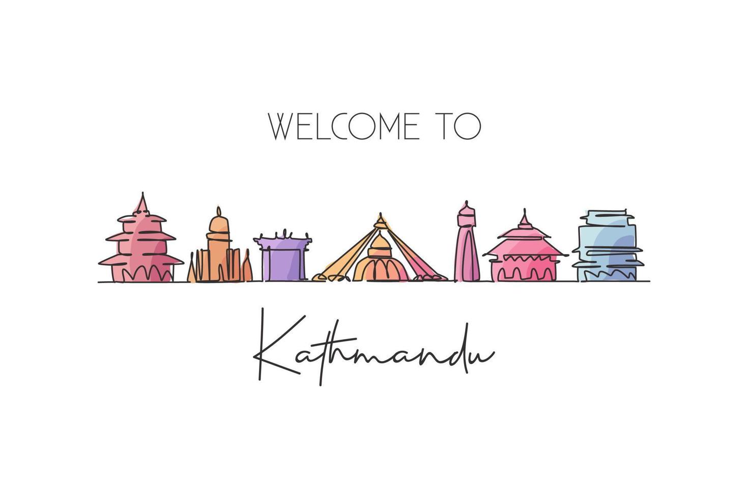 eine durchgehende strichzeichnung der skyline von kathmandu, nepal. schöne Wahrzeichenpostkarte. Weltlandschaftstourismus Reiseurlaub. bearbeitbare, stilvolle, einzeilige, strichzeichnung, design, vektor, illustration vektor