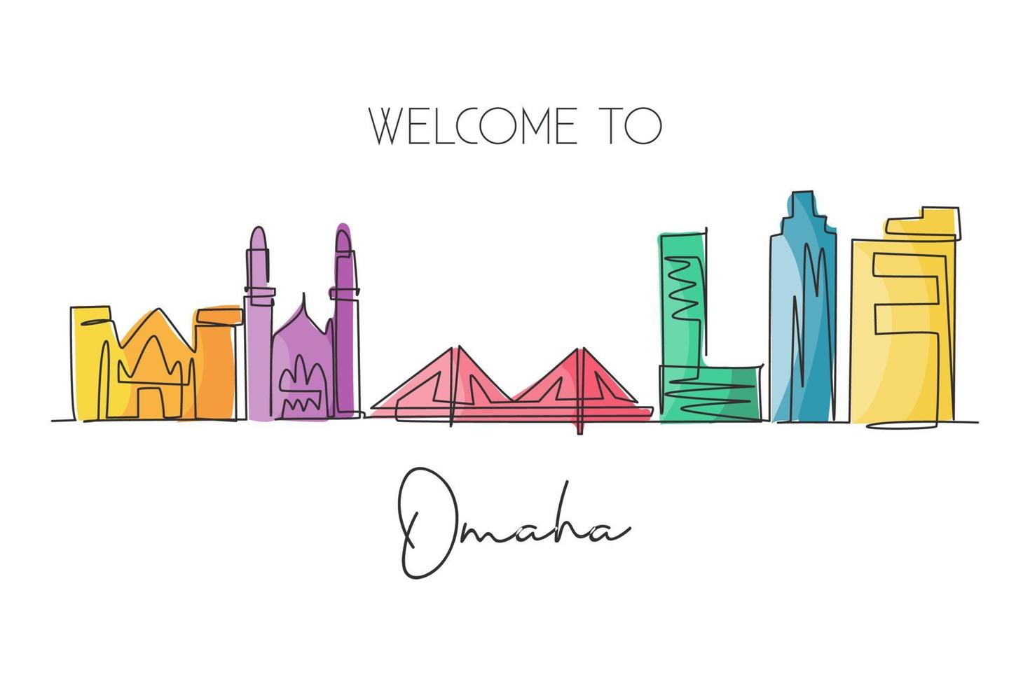 en kontinuerlig linjeritning av omaha city skyline, nebraska. världsvacker landskapsturism och resesemester för väggdekoration. snygg en rad rita grafisk design vektorillustration vektor