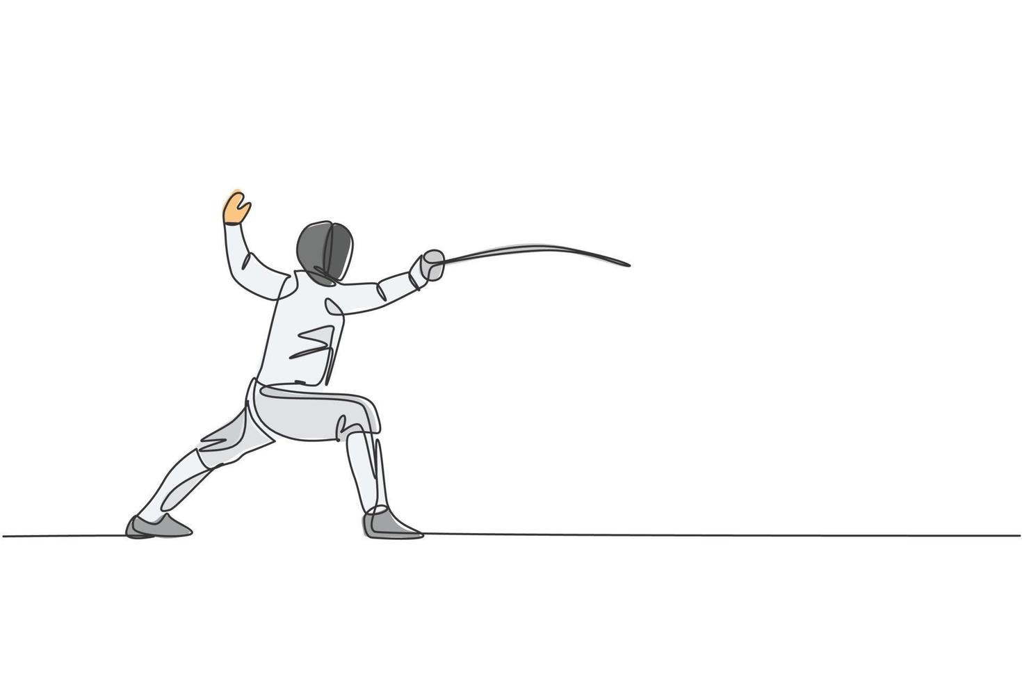 einzelne durchgehende Linienzeichnung einer jungen professionellen Fechterin in Fechtmaske und Rapier. Wettbewerbskonzept für den Kampfsport. trendige einzeilige zeichnen design-vektorillustration vektor