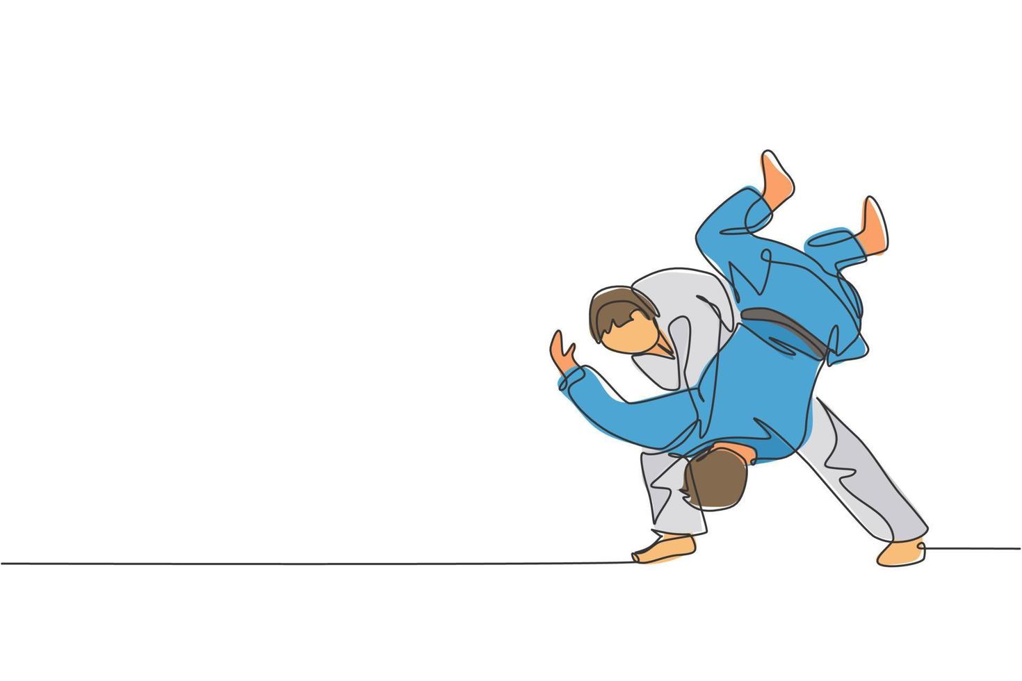 en enda linjeteckning av två unga energiska judokas fighter män slåss slåss på gym center vektorgrafisk illustration. kampsport tävlingskoncept. modern kontinuerlig linjeritningsdesign vektor