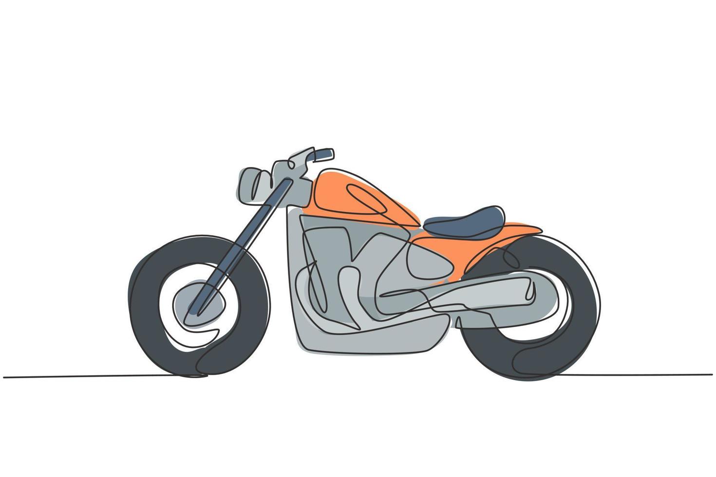 Eine durchgehende Strichzeichnung des Retro-Oldtimer-Motorradsymbols. klassisches Motorrad-Transportkonzept Single-Line-Draw-Design-Grafik-Vektor-Illustration vektor