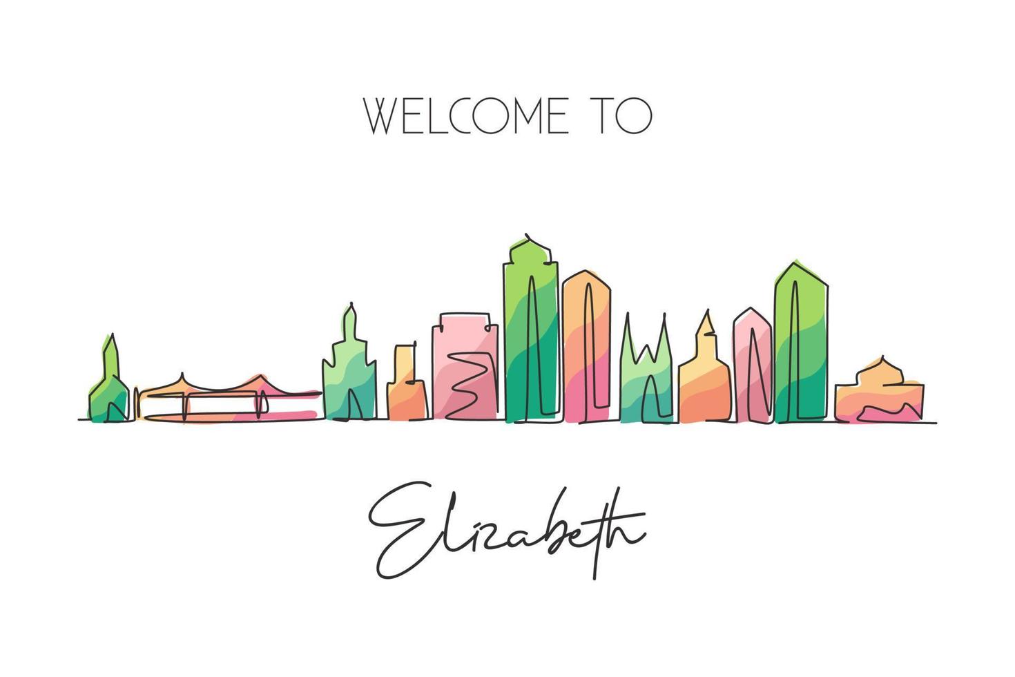 en enda linje ritning Elizabeth City skyline, New Jersey. världshistoriskt stadslandskap. bästa semestermål vykort. redigerbar stroke trendig kontinuerlig linje rita design vektor illustration