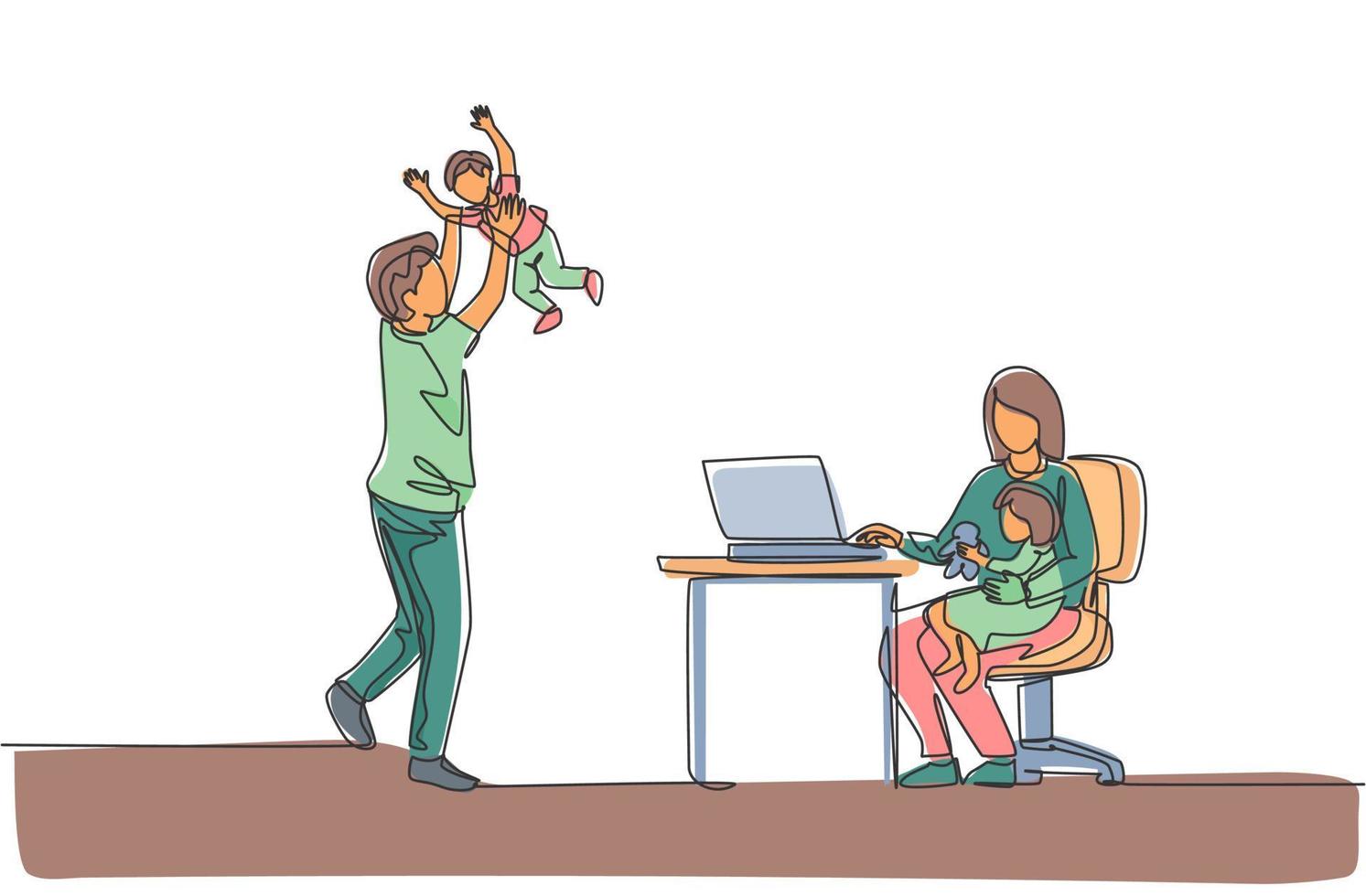 enda kontinuerlig linje ritning av ung mamma arbete skriva på laptop och pappa leker med son hemma. lycklig familj föräldraskap koncept. trendig en linje rita design vektor illustration