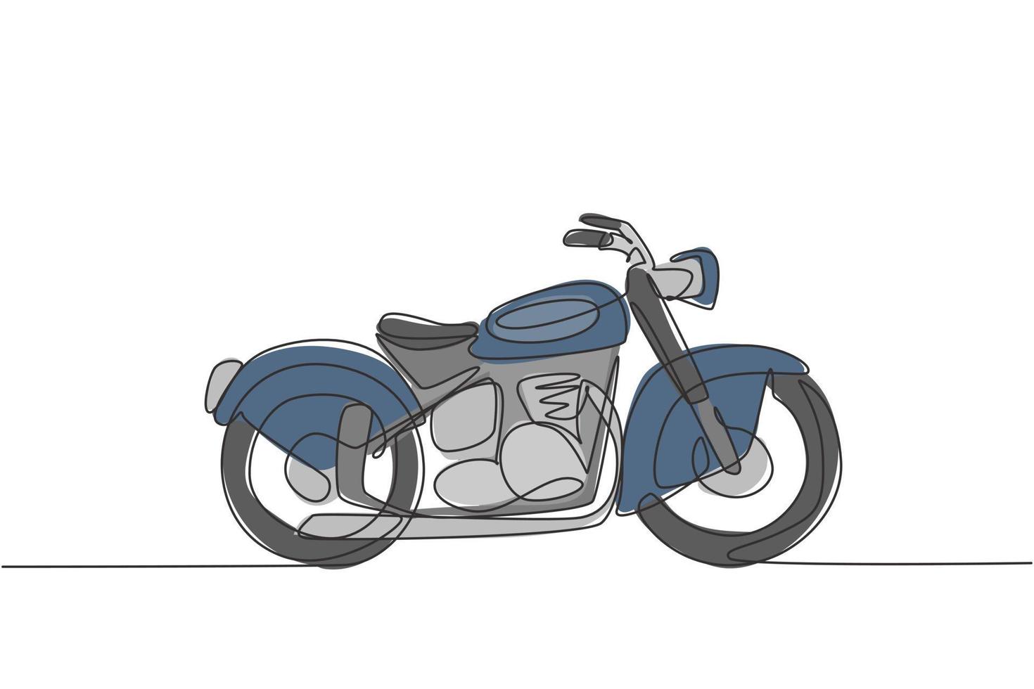 en kontinuerlig linje ritning av retro gammal vintage motorcykel ikon. klassisk motorcykel transport koncept enkel rad grafisk rita design vektor illustration