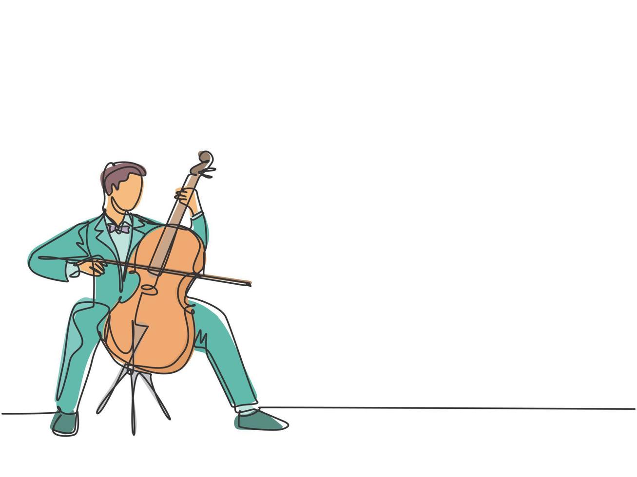 en enda radritning av ung glad manlig cellist som spelar för cello på klassisk orkesterkonsert. musiker konstnär prestanda koncept kontinuerlig linje grafisk rita design vektor illustration