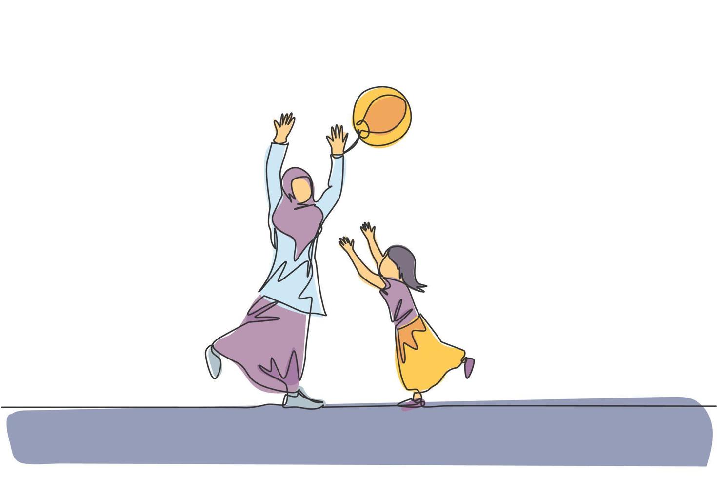 en enda radritning av ung arabisk mor och dotter som spelar strandboll tillsammans på park vektorillustration. glad islamisk muslimsk familj föräldraskap koncept. modern kontinuerlig linje rita design vektor