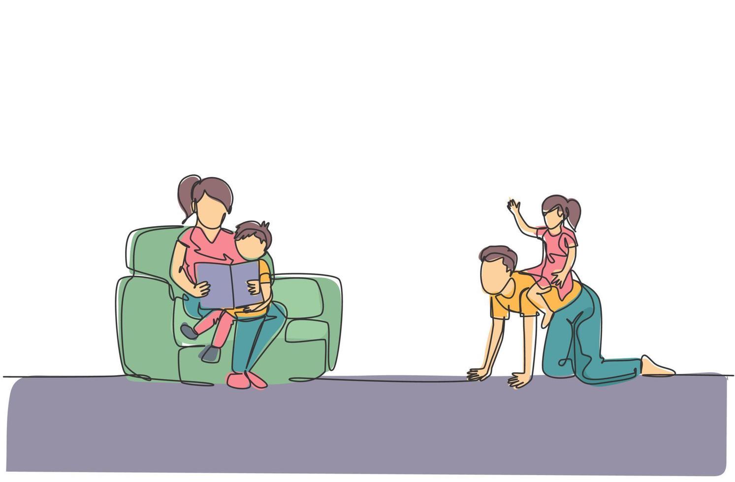 en kontinuerlig linjeteckning av ung lek med dotter medan mamma sitter i soffan och läser bok för sonen. lycklig familj föräldraskap koncept. dynamisk enkel linje rita design vektor illustration