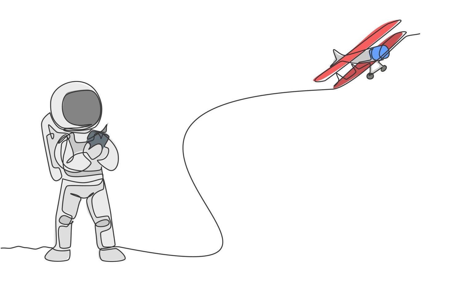 en enda radritning av astronaut som spelar flygplan radiokontroll i månland grafisk vektorillustration. gör hobby medan fritiden i djupt rymdkoncept. modern kontinuerlig linje rita design vektor