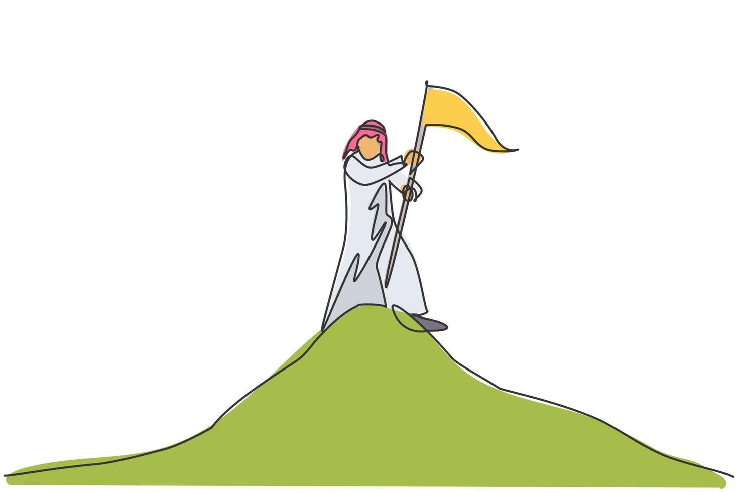 einzelne durchgehende Strichzeichnung junger arabischer Geschäftsmann, der die Zielflagge auf dem Gipfel des Berges pflanzt. Unternehmenszielerreichung. Minimalismuskonzept eine Linie zeichnen Grafikdesign-Vektorillustration vektor