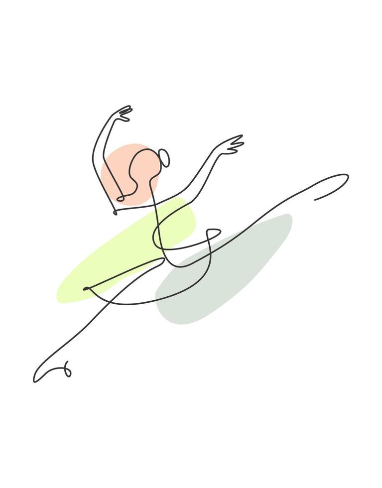 enda kontinuerlig linjeteckning ballerina i ballettrörelse dansstil. skönhet minimalistisk dansare koncept logotyp, skandinavisk affisch tryck konst. trendig enradig design grafisk vektorillustration vektor