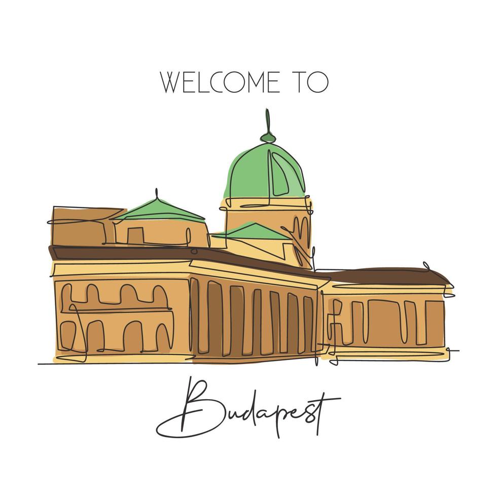 eine einzige Strichzeichnung Wahrzeichen der Budaer Burg. weltberühmter ikonischer palast in budapest ungarn. tourismusreisepostkartenwanddekorplakatdruckkonzept. ununterbrochene Linie zeichnen Design-Vektor-Illustration vektor