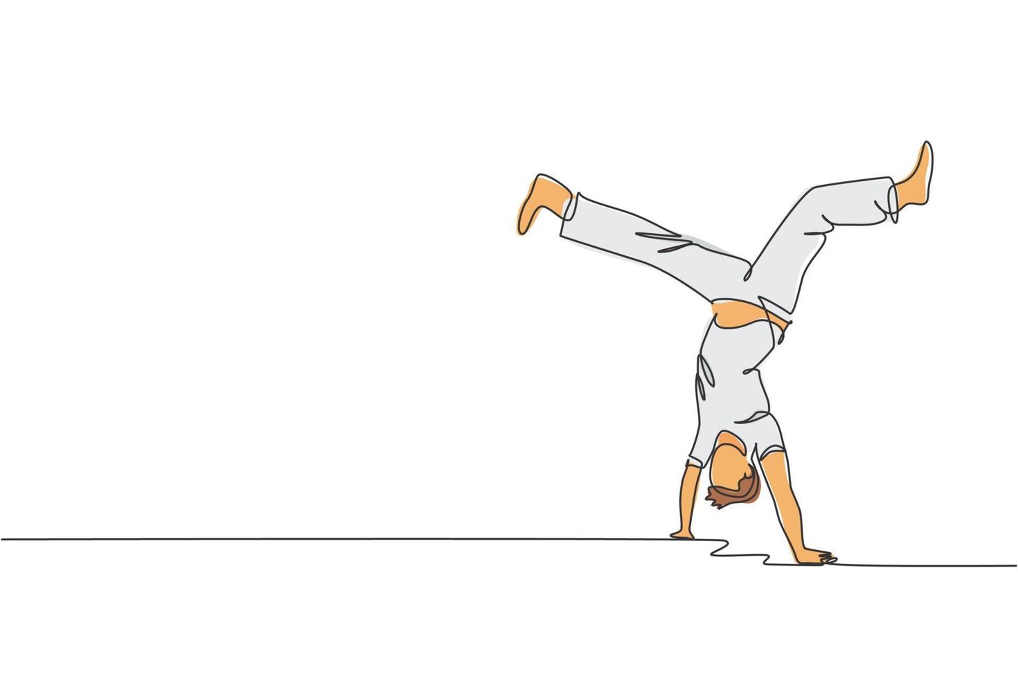 einzelne fortlaufende Linienzeichnung eines jungen sportlichen Mannes, der brasilianischen Capoeira-Bewegungstanz auf der Straße im Freien übt. kulturkampfkunst und sportkonzept. trendige einzeilige zeichnen design-vektorillustration vektor