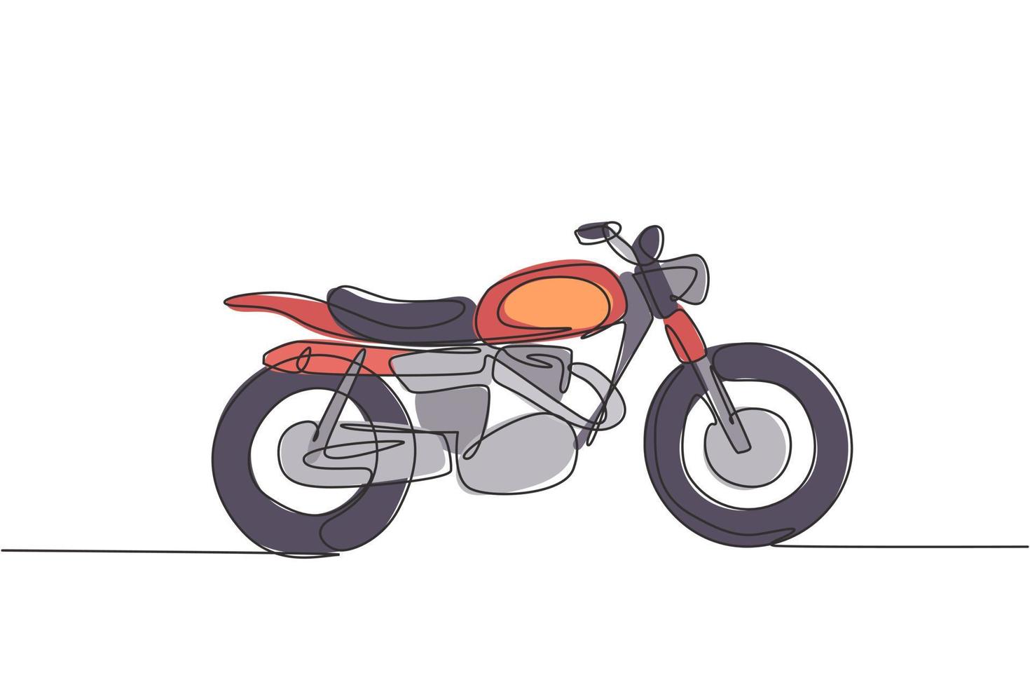 en kontinuerlig linje ritning av retro gammal vintage motorcykel ikon. klassisk motorcykel transport koncept enkel rad grafisk rita design vektor illustration