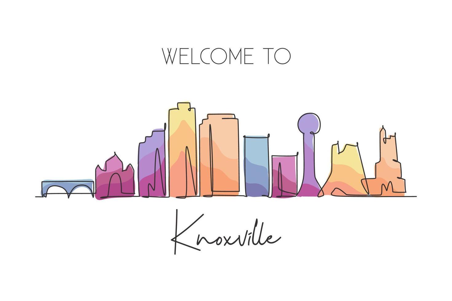 Eine einzige Linie, die die Skyline von Knoxville, Tennessee, zeichnet. welthistorische Stadtlandschaft. beste Urlaubszielpostkarte. Bearbeitbarer Strich trendige durchgehende Linie zeichnen Design-Vektor-Illustration vektor