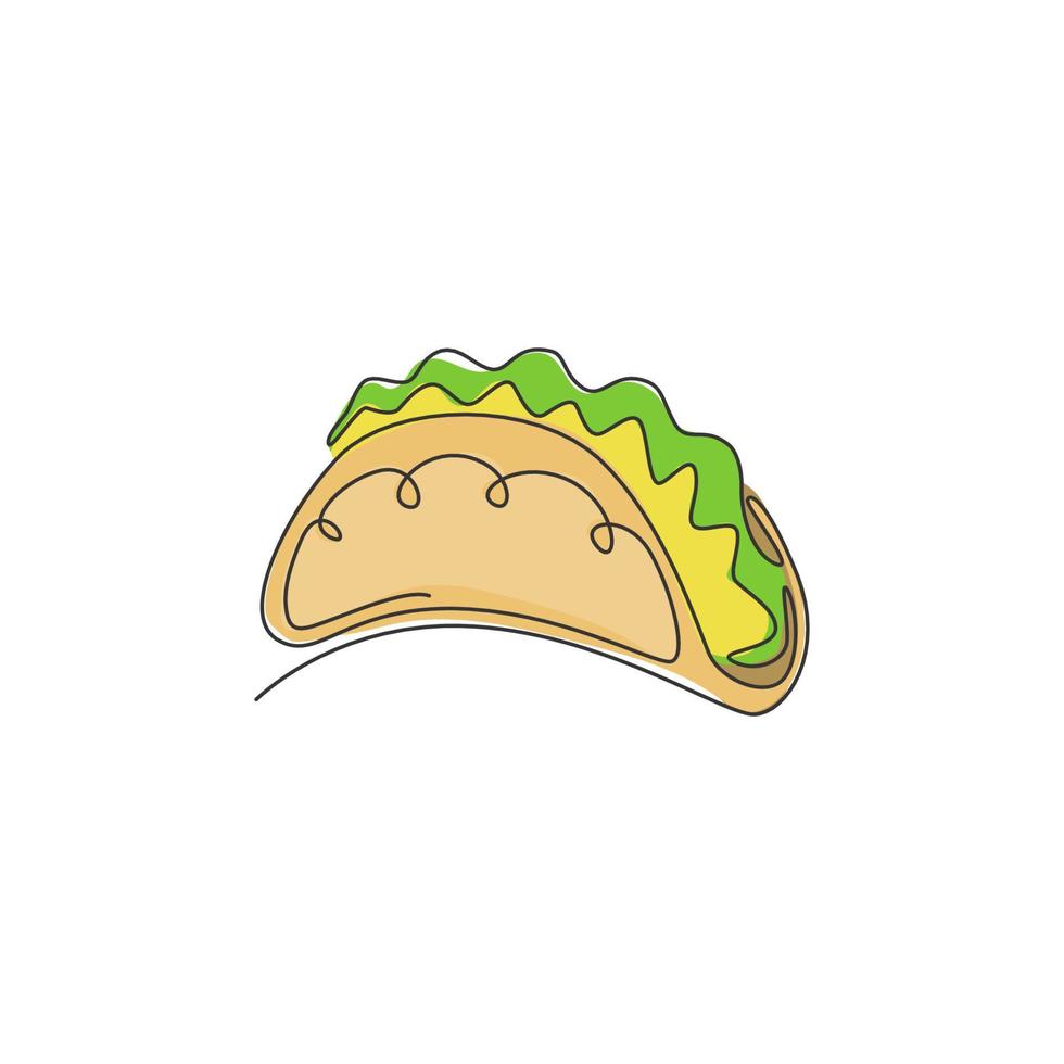 einzelne fortlaufende Linienzeichnung des stilisierten mexikanischen Tacos-Logo-Etiketts. Emblem Fast-Food-Nacho-Restaurant-Konzept. moderne einzeilige Design-Vektorillustration für Cafés, Geschäfte oder Lebensmittellieferdienste vektor