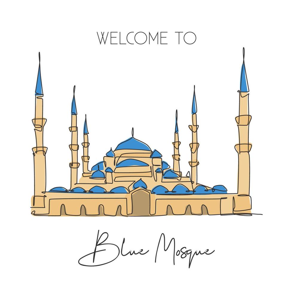 eine einzige linie, die das wahrzeichen der blauen moschee zeichnet. berühmter ort in istanbul, türkei. tourismus reise postkarte wohnkultur wandkunst poster druckkonzept. moderne durchgehende Linie zeichnen Design-Vektor-Illustration vektor
