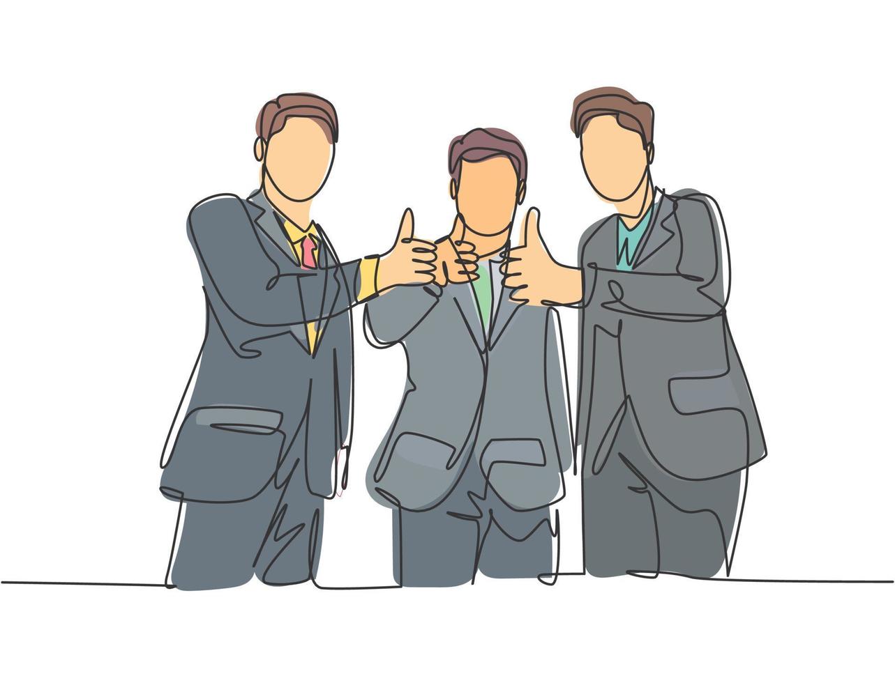 Einzeilige Zeichnung von jungen Geschäftsleuten, die Anzug tragen, die nach dem Treffen zusammenstehen und die Geste mit dem Daumen nach oben geben. Geschäftsinhaber-Teamwork-Konzept. durchgehende Linie zeichnen Design-Vektor-Illustration vektor