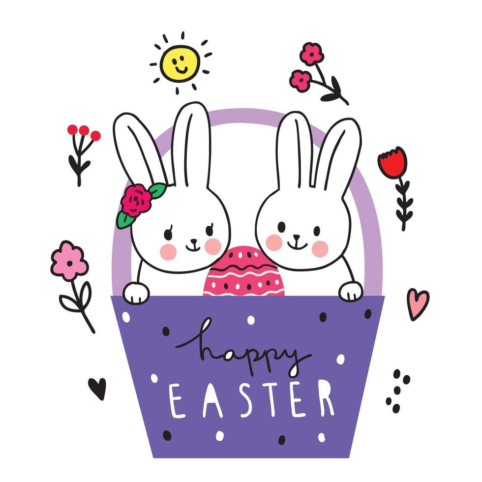 Ostertag. Kaninchen Freunde und Ei im Korb, Hand zeichnen Cartoon niedlichen Vektor. vektor
