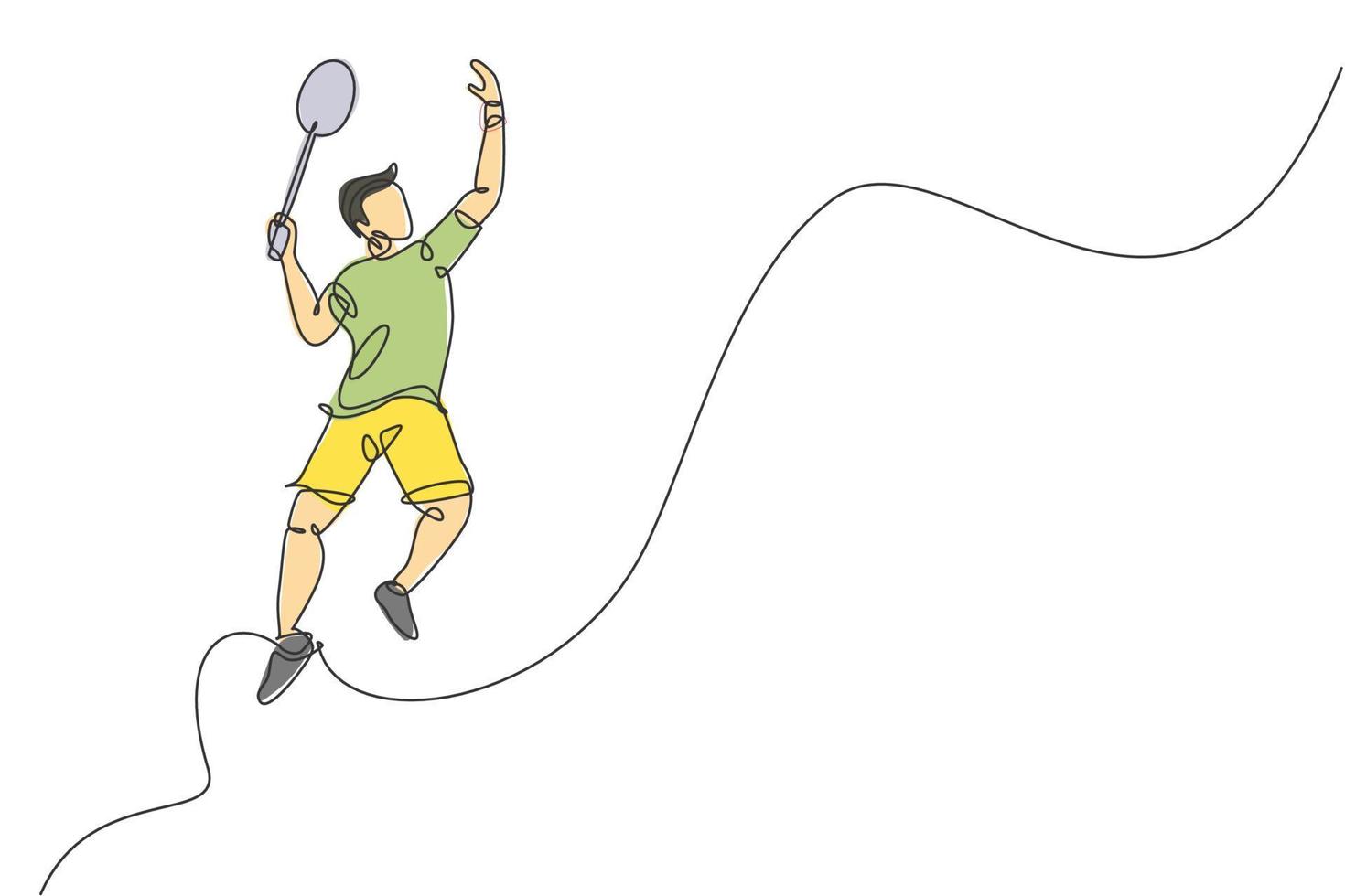 einzelne durchgehende Linie, die einen jungen agilen Badmintonspieler springt, der einen Smash-Shuttlecock springt. Leistungssportkonzept. eine grafische vektorillustration des einzeiligen abgehobenen betrages für die veröffentlichung von badmintonturnieren vektor