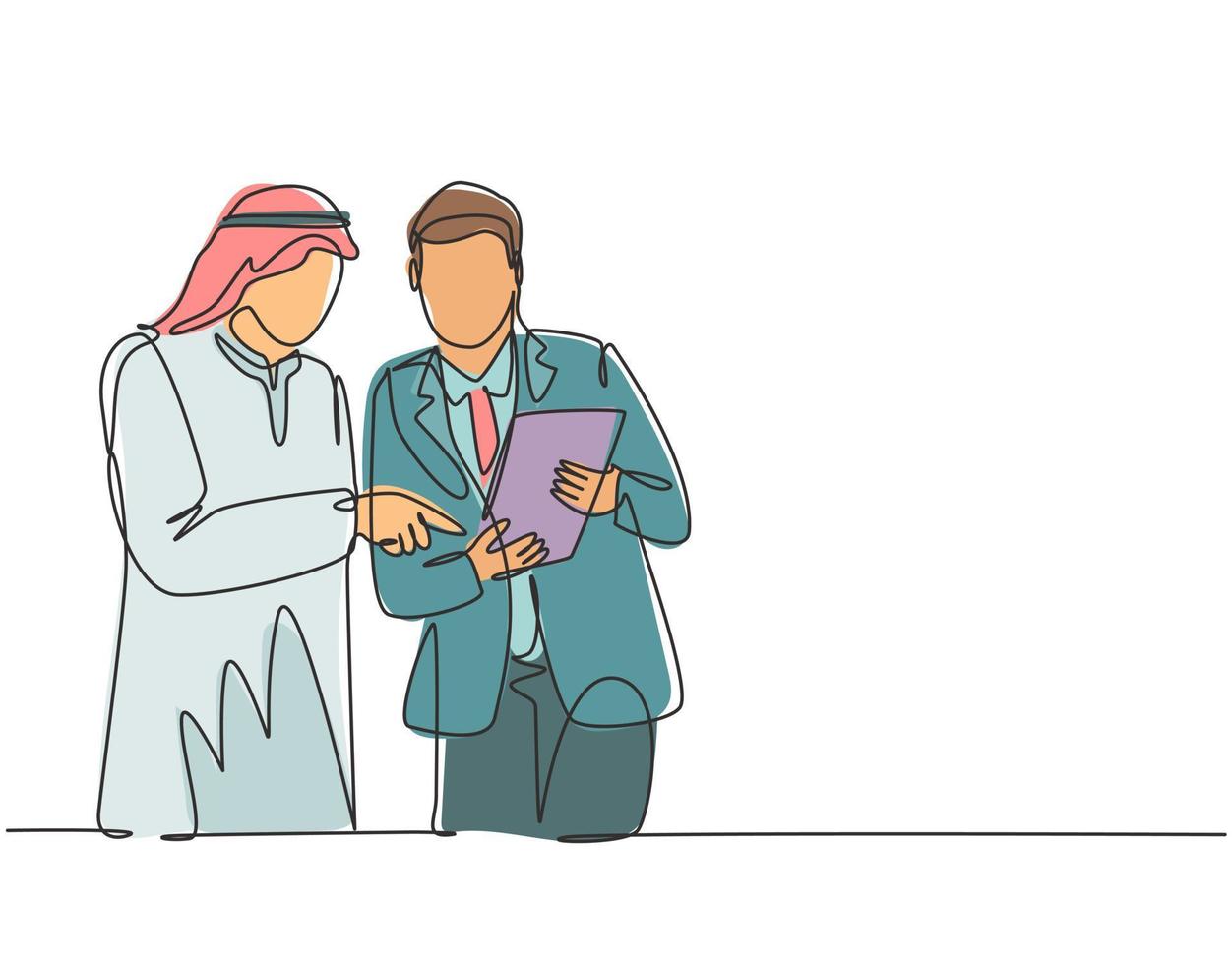 enda kontinuerlig ritning av unga muslimer som analyserar och diskuterar årlig affärsrapport med sin kollega. arabisk Mellanöstern tyg shmagh, tina, mantel. en rita design vektor illustration