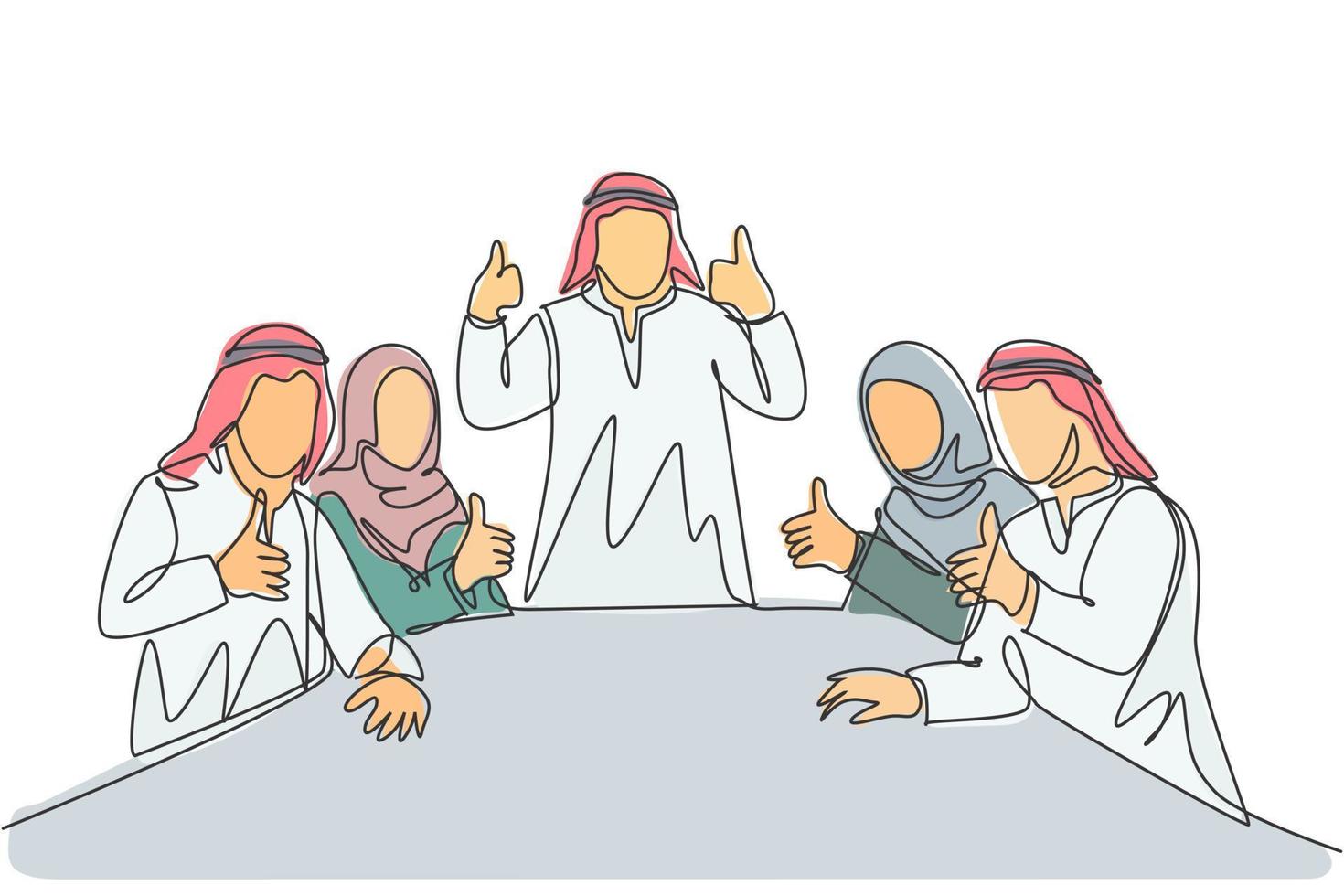 en enda radritning av ung glad muslimsk affärsman och hans mångfaldsteam ger tummen upp. Saudiarabien tyg shmag, halsduk, thobe, ghutra. kontinuerlig linje rita design vektor illustration