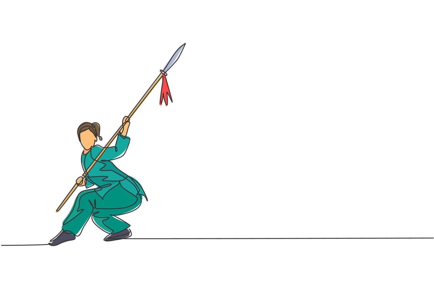 enda kontinuerlig linjeteckning av ung kvinna wushu fighter, kung fu mästare i uniform träning med spjut på dojo center. slåss tävling koncept. trendiga en rad rita design vektorillustration vektor