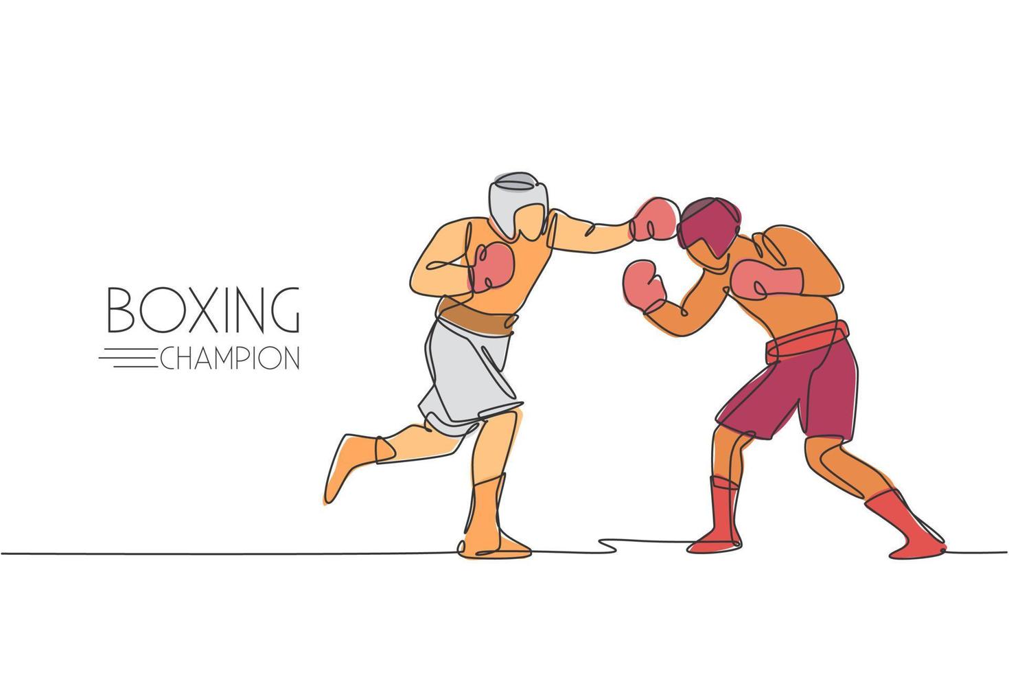 eine durchgehende Strichzeichnung von zwei jungen sportlichen Boxern zeigt einen spannenden Kampf. Konzept des Wettkampfkampfsports. dynamische Single-Line-Draw-Design-Vektorillustration für Boxkampf-Werbeplakat vektor