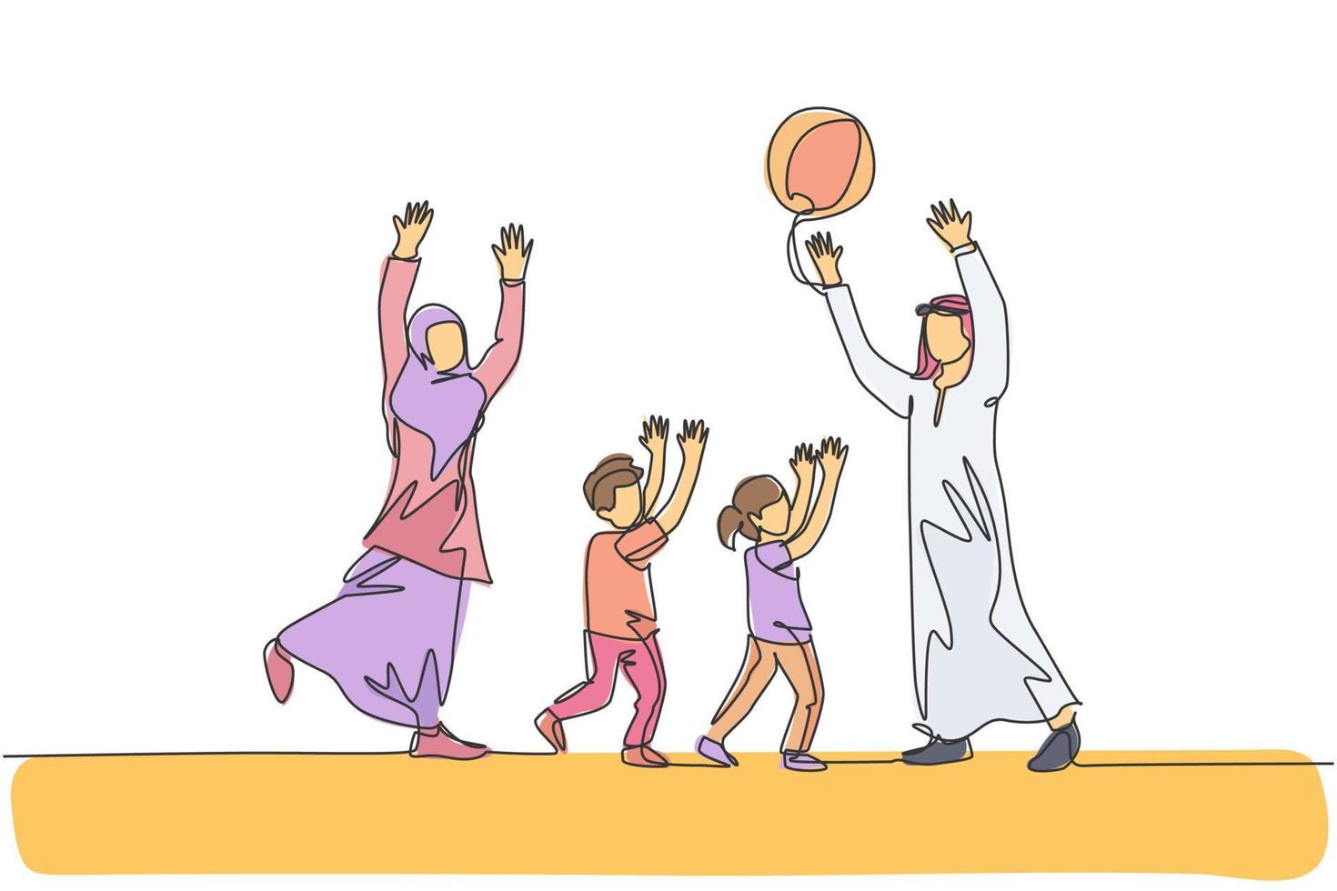 Eine durchgehende Strichzeichnung eines jungen arabischen Paares, das zusammen mit Tochter und Sohn Wurfball spielt. glückliches islamisches muslimisches familienkonzept. Einzeilige Zeichnungsdesign-Vektorillustration vektor
