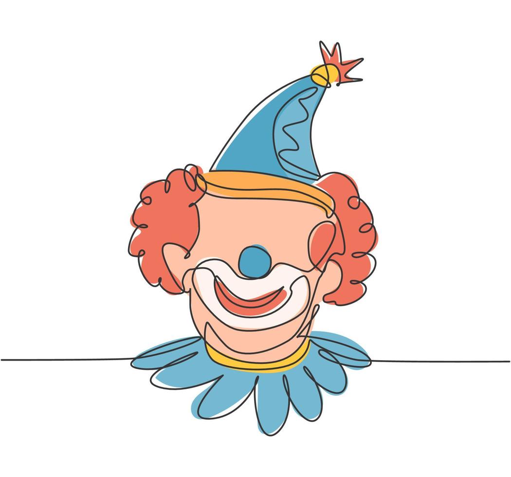 enda en linje ritning av ansiktet på en manlig clown bär en cirkushatt med ett glatt leende som är mycket karakteristiskt. cirkushow. modern kontinuerlig linje rita design grafisk vektor illustration.