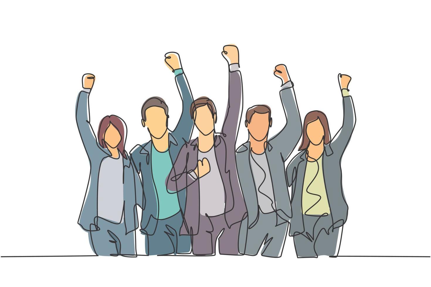Eine durchgehende Strichzeichnung junger, glücklicher Arbeiter und Arbeiterinnen hebt gemeinsam ihre Hände in den Himmel. Business-Teamwork-Feier-Konzept einzeilige Grafik-Draw-Design-Vektor-Illustration vektor